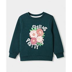 Pine Kids Cotton Mix Knit Sweatshirt with Full Sleeves and Floral Print in Dark Green