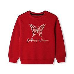 Pine Kids Cotton Mix Knit Sweatshirt with Full Sleeves and Butterfly Print in Red