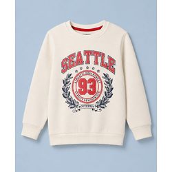 Pine Kids Cotton Mix Knit Sweatshirt with Full Sleeves and Seattle Athletic Department Print in Offwhite