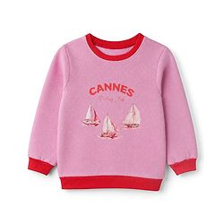 Pine Kids Cotton Mix Knit Sweatshirt with Full Sleeves and Sailboats Print in Pink