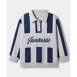 Pine Kids Cotton Mix Knit Sweatshirt with Full, Drop Shoulder Sleeves, Fantastic Print and Striped Print in Grey
