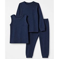 Pine Kids Cotton Blend Knit Full Sleeves Solid Colour Thermal Wear Set with Vest - Navy Blue