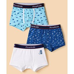 Pine Kids Cotton Elastane Knit Trunks With Sea life Print Pack of 3 - Blue & White