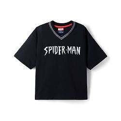 Pine Kids Marvel 100% Cotton Single Jersey Knit T-Shirt with Half Drop Shoulder Sleeves and Front & Back Spider Man Print - Black
