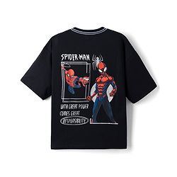 Pine Kids Marvel 100% Cotton Single Jersey Knit T-Shirt with Half Drop Shoulder Sleeves and Front & Back Spider Man Print - Black