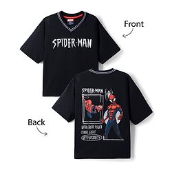 Pine Kids Marvel 100% Cotton Single Jersey Knit T-Shirt with Half Drop Shoulder Sleeves and Front & Back Spider Man Print - Black
