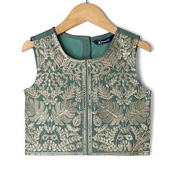 Pine Kids Woven Lehenga Choli and Dupatta with Full Sleeves and Botanical Pattern Embroidery in Olive Green for 4-5 Years