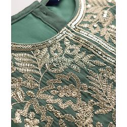 Pine Kids Woven Lehenga Choli and Dupatta with Full Sleeves and Botanical Pattern Embroidery in Olive Green for 4-5 Years