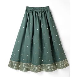 Pine Kids Woven Lehenga Choli and Dupatta with Full Sleeves and Botanical Pattern Embroidery in Olive Green for 4-5 Years