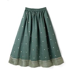 Pine Kids Woven Lehenga Choli and Dupatta with Full Sleeves and Botanical Pattern Embroidery in Olive Green for 4-5 Years