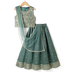 Pine Kids Woven Lehenga Choli and Dupatta with Full Sleeves and Botanical Pattern Embroidery in Olive Green for 4-5 Years