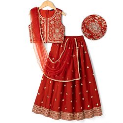 Pine Kids Woven Sleeveless Choli & Lehenga Set With Sequinned Embroidery & Dupatta - Rust Orange
