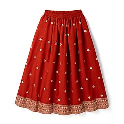 Pine Kids Woven Sleeveless Choli & Lehenga Set With Sequinned Embroidery & Dupatta - Rust Orange
