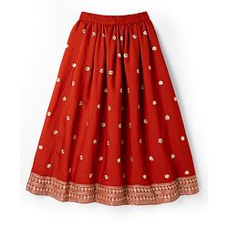 Pine Kids Woven Sleeveless Choli & Lehenga Set With Sequinned Embroidery & Dupatta - Rust Orange