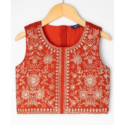 Pine Kids Woven Sleeveless Choli & Lehenga Set With Sequinned Embroidery & Dupatta - Rust Orange