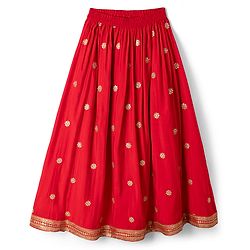 Pine Kids Woven Sleeveless Choli & Lehenga Set With Sequinned Embroidery & Dupatta - Red