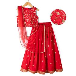Pine Kids Woven Sleeveless Choli & Lehenga Set With Sequinned Embroidery & Dupatta - Red