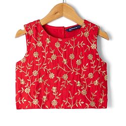 Pine Kids Woven Sleeveless Choli & Lehenga Set With Sequinned Embroidery & Dupatta - Red
