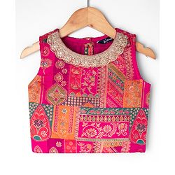 Pine Kids Woven Sleeveless Choli & Lehenga Set With Floral Print & Lace Work & Dupatta - Dark Pink