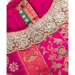Pine Kids Woven Sleeveless Choli & Lehenga Set With Floral Print & Lace Work & Dupatta - Dark Pink