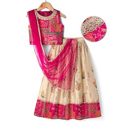 Pine Kids Woven Sleeveless Choli & Lehenga Set With Floral Print & Lace Work & Dupatta - Dark Pink