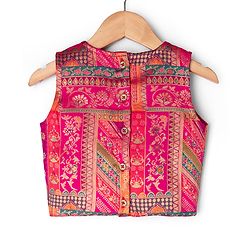 Pine Kids Woven Sleeveless Choli & Lehenga Set With Floral Print & Lace Work & Dupatta - Dark Pink