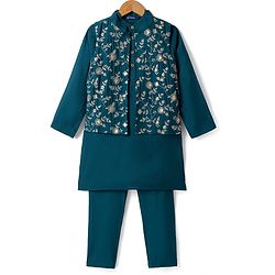Pine Kids Woven Full Sleeves Kurta Pyjama Set and Waistcoat with Full Length and Floral Embroidery in Teal Blue for 4-5 Years