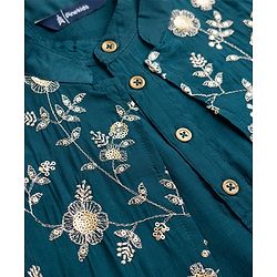 Pine Kids Woven Full Sleeves Kurta Pyjama Set and Waistcoat with Full Length and Floral Embroidery in Teal Blue for 4-5 Years
