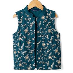 Pine Kids Woven Full Sleeves Kurta Pyjama Set and Waistcoat with Full Length and Floral Embroidery in Teal Blue for 4-5 Years