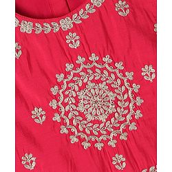 Pine Kids Woven Full Length Lehenga Choli with Dupatta and Mandala Embroidery in Dark Pink