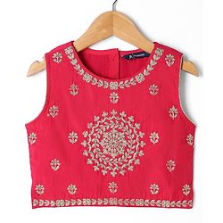 Pine Kids Woven Full Length Lehenga Choli with Dupatta and Mandala Embroidery in Dark Pink