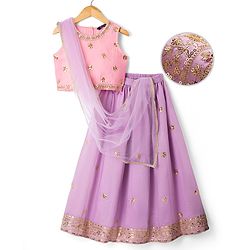 Pine Kids Woven Sleeveless Choli & Lehenga Set With Dupatta & Sequin Embroidered - Pink & Lavender