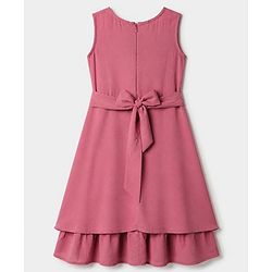 Pine Kids Woven Fit & Flare Layered Solid Sleeveless Party Dress with Knot Belt Applique - Dark Peach