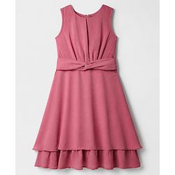 Pine Kids Woven Fit & Flare Layered Solid Sleeveless Party Dress with Knot Belt Applique - Dark Peach