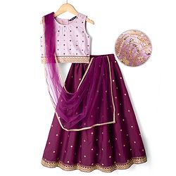 Pine Kids Woven Sleeveless Choli & Lehenga Set With Sequinned Embroidery & Dupatta - Wine