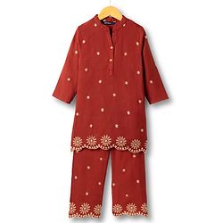 Pine Kids 100% Cotton Woven Three-Fourth Sleeves Indo Western Set With Floral Embroidery - Rust Orange