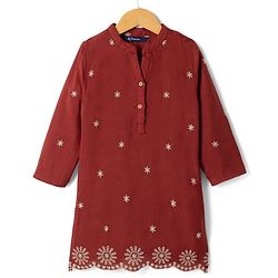 Pine Kids 100% Cotton Woven Three-Fourth Sleeves Indo Western Set With Floral Embroidery - Rust Orange