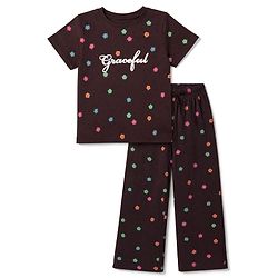 Pine Kids 100% Cotton Knit Bio Washed Single Jersery 180 Gsm Half Sleeves Co-ord Top & Pajama Night Suit with Floral & Graceful Text Print - Brown
