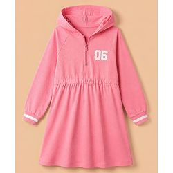 Pine Kids 100% Cotton Knit Winter Frock with Full Sleeves Hood and 06 Print in Pink