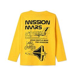 Pine Kids 100% Cotton Knit Full Sleeves T-Shirt with Front and Back Space Shuttle Print in Yellow