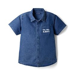 Pine Kids 100% Cotton Denim Shirts with Half Sleeves and Chill Vibes Only Text Print - Sky Blue