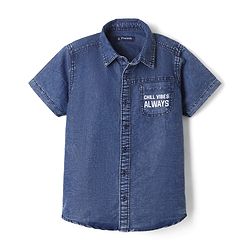 Pine Kids 100% Cotton Woven Denim Shirt with Half Sleeves and Chill Vibes Always Print - Royal Blue