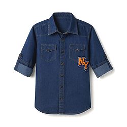 Pine Kids Cotton Woven Full Sleeves Denim Shirt with Ny Applique in Navy Blue
