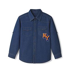 Pine Kids Cotton Woven Full Sleeves Denim Shirt with Ny Applique in Navy Blue