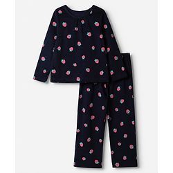 Pine Kids 100% Cotton Knit Bio Washed Single Jersery 180 Gsm Full Sleeves Co-ord Top & Pajama Night Suit with Strawberry Print - Black