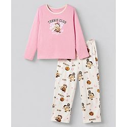 Pine Kids 100% Cotton Knit Full Sleeves T-Shirt & Pyjama Night Suit With Teddy Print & Bio Finish - White & Pink