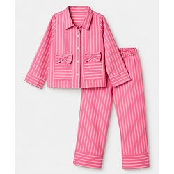 Pine Kids 100% Cotton Woven Full Sleeves Co-Ords Shirt & Pajama Night Suit With Bow Applique - Pink