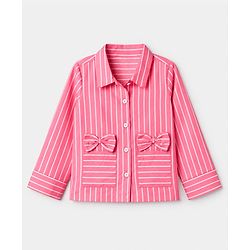 Pine Kids 100% Cotton Woven Full Sleeves Co-Ords Shirt & Pajama Night Suit With Bow Applique - Pink
