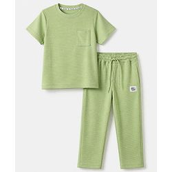 Pine Kids Ottoman Knit Half Sleeves Striped T-Shirt and Pant Set - Green