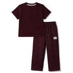 Pine Kids Cotton Ottoman Half Sleeves T-Shirt and Pant with Full Length and Smile Today Patch - Wine